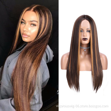 Synthetic Blend Wig Extension Heat Resistant Ombre Long Straight Highlight Brown For Black Women Lace Front Synthetic Hair Wigs